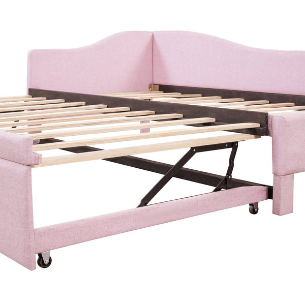 English Elm Twin Upholstered L-Shaped Daybed with Pop-Up Trundle, Space-Saving Guest Bed with Slats Kit and 400lb Capacity Pink SF000193AAH
