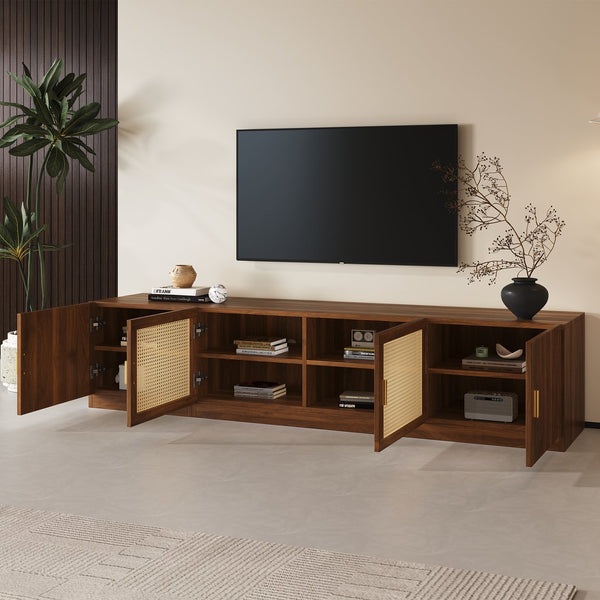 English Elm 78" TV Stand for TVs up to 85" — Walnut Media Console with Rattan Doors, Fluted Fronts & Adjustable Shelves N710P362196P