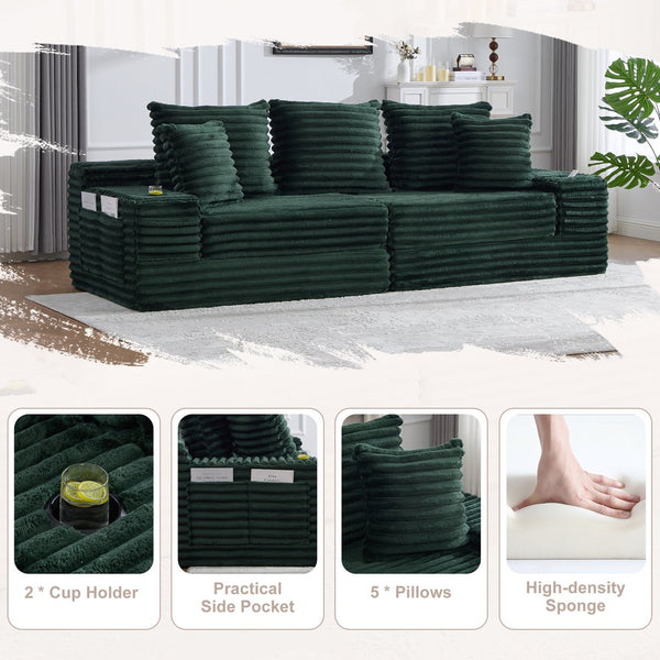 English Elm Oversized Corduroy Cloud Couch Convertible Sleeper Sofa with Memory Foam Seating Emerald W395S00120