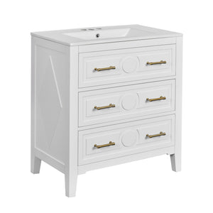 English Elm 30'' Bathroom Vanity with Ceramic Sink, Solid Wood Frame Retro Style Vanity with 3 Drawers & Gold Handles White N710P246209K