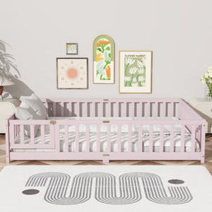 English Elm Queen Rubber Wood Floor Bed with Full Perimeter Safety Fence and Hinged Access Door Pink W504P429344