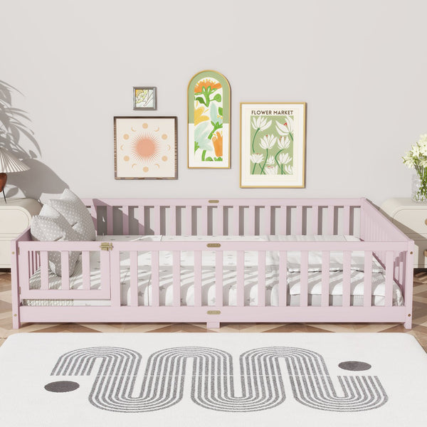English Elm Queen Rubber Wood Floor Bed with Full Perimeter Safety Fence and Hinged Access Door Pink W504P429344