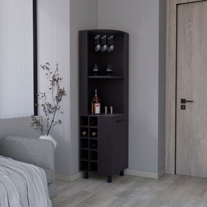 English Elm Corner Bar Cabinet with Ten Built-In Wine Slots, Cup Rack & Spacious Top Shelf for Entertaining Black 44.88 L x 22.05 W x 4.72 H B097S00192