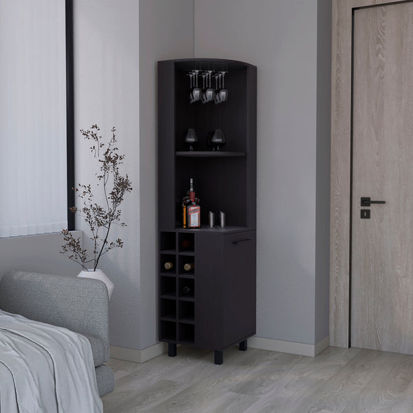English Elm Corner Bar Cabinet with Ten Built-In Wine Slots, Cup Rack & Spacious Top Shelf for Entertaining Black 44.88 L x 22.05 W x 4.72 H B097S00192