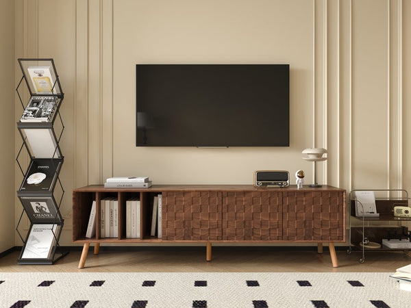 English Elm 70" Mid-Century Modern TV Stand with Lattice Wood Grain, 3 Cabinets & 4 Open Shelves, Walnut Elegance N710P222773P