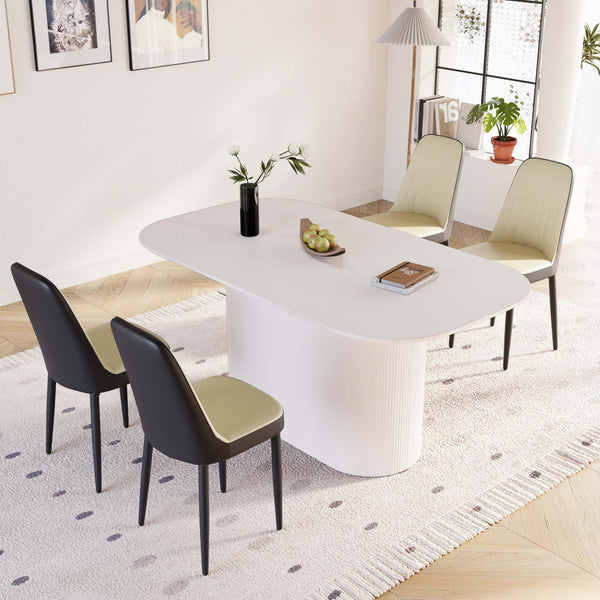 English Elm 63 Inch Mdf Cream Dining Set with Pu Cushioned Chairs and Black Metal Legs Seats 4 Beige+Cream,Black W2189S00873