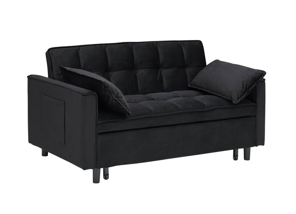 English Elm Modern Velvet Sofa Pull-Out Bed 3-in-1 Convertible Love Seat with Pillows, Spacious 500lb Support Black W3371P315001