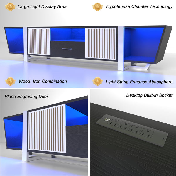 English Elm TV Console Carved Front with Metal Legs – Modern Entertainment Center, High-Capacity Storage Design Black W1701P164320
