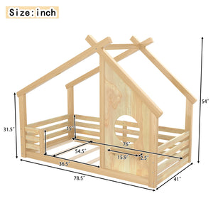 English Elm Twin House Floor Bed with Window & Shelf, Solid Wood Pitched Roof Design for Safe Cozy Sleep Natural W1580P362691