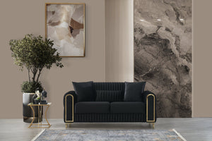 English Elm Melody Velvet Upholstered Sleeper Loveseat with Gold Accents, Vertical Tufting & Convertible Comfort Black B009S01834