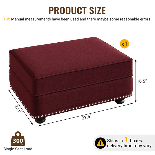 English Elm Velvet Upholstered Modular Ottoman with Solid Wood Frame for Living Room Sofa Pairing Burgundy W1885P448709