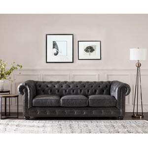 English Elm Traditional Tufted Leather Chesterfield Sofa with Feather-Down Cushions, Nailhead Trim & Wood Legs Gray B193P200137