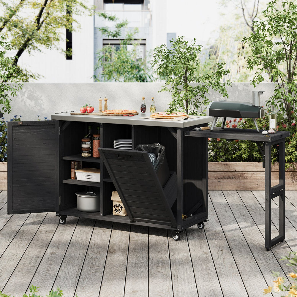 English Elm K&k Outdoor Rolling Kitchen Island Fir Wood Stainless Steel Top with Foldable Prep Station Black N707P370276B