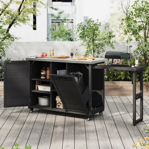English Elm K&k Outdoor Rolling Kitchen Island Fir Wood Stainless Steel Top with Foldable Prep Station Black N707P370276B