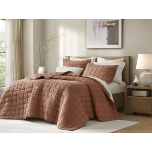English Elm 3-piece French Linen Quilt Set Garment Washed Breathable Box Stitched Bedding Brick Red B035P408303