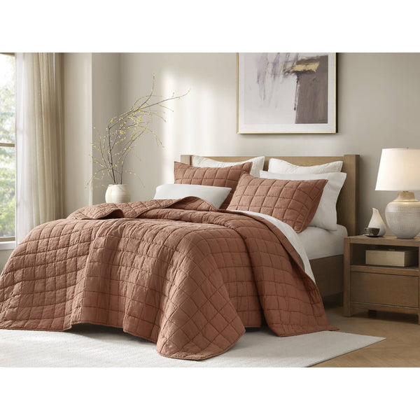 English Elm 3-piece French Linen Quilt Set King Garment Washed Box Stitch Breathable Bedding Brick Red B035P408304