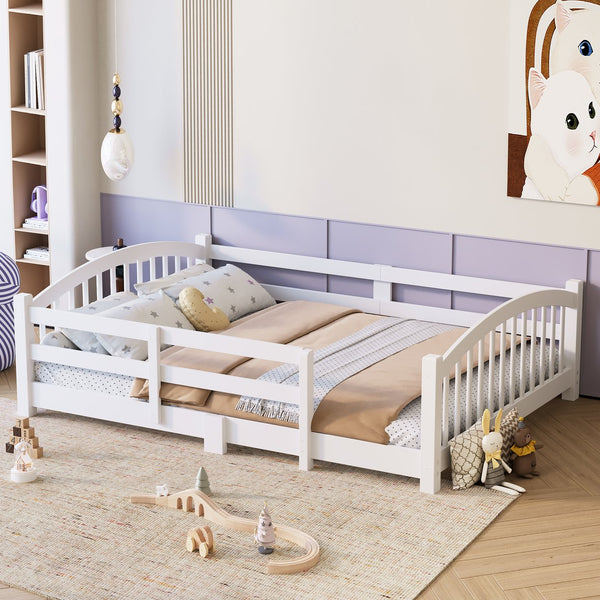 English Elm Full Montessori Pine Wood Floor Bed with Safety Rails Low Profile Kids Room Frame White N733P400299K