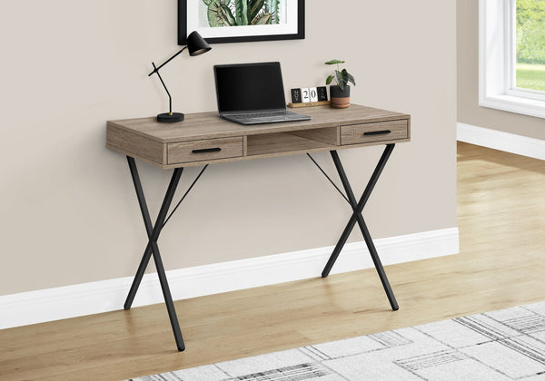 English Elm Computer Desk with Taupe Wood-Look Surface, 42" x20", Black X-Frame, 2 Drawers + Open Shelf, Modern B2710P219957