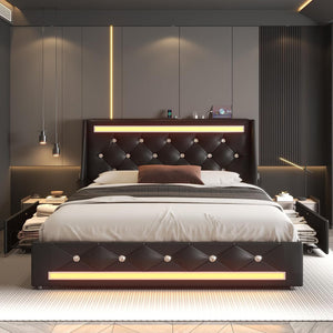 English Elm Queen Platform Bed Wingback Diamond Quilted Headboard Led Lighting Storage Drawers Black W5722P462684