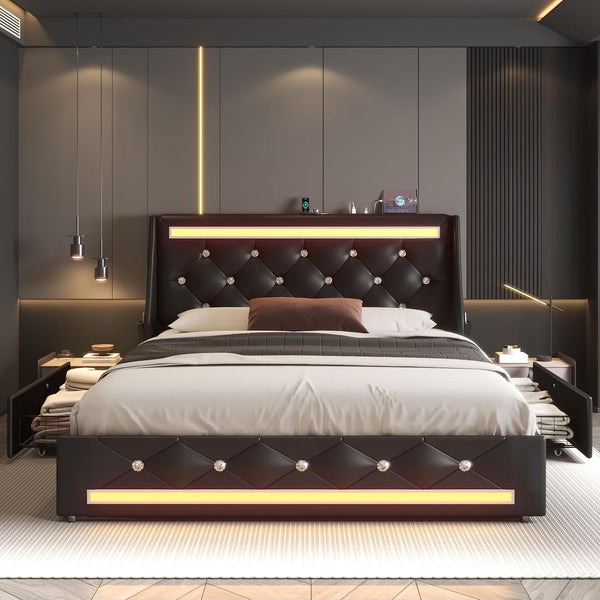 English Elm Queen Platform Bed Wingback Diamond Quilted Headboard Led Lighting Storage Drawers Black W5722P462684