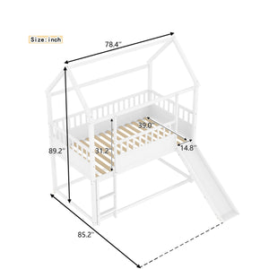 English Elm House Twin Bunk Bed with Built-In Slide and 3-Stage Ladder, Pine French Design with High Guardrail Safety White W1858P241095