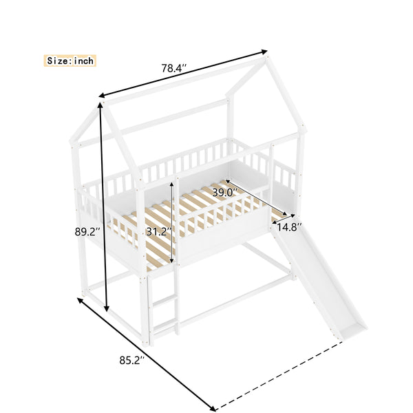 English Elm House Twin Bunk Bed with Built-In Slide and 3-Stage Ladder, Pine French Design with High Guardrail Safety White W1858P241095