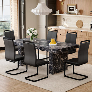 English Elm Table and Chair Set Seating 6 with Marble Mdf Top and Black Pu Upholstered W1151S03987