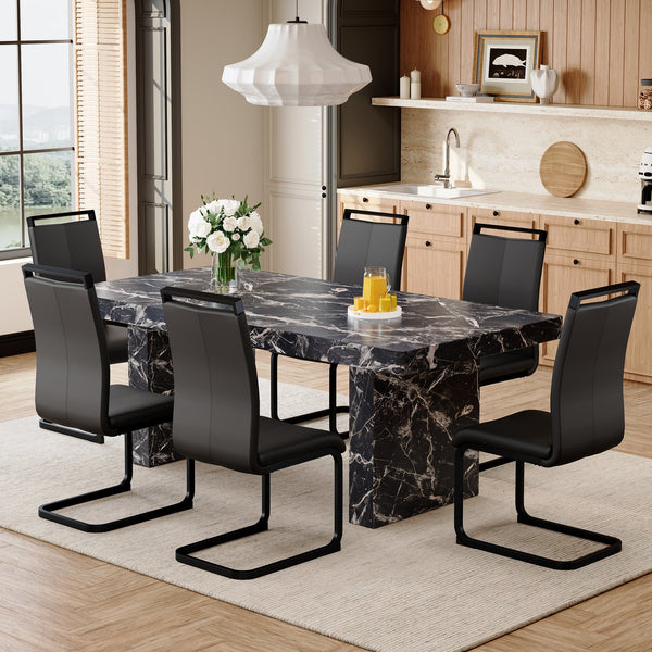 English Elm Table and Chair Set Seating 6 with Marble Mdf Top and Black Pu Upholstered W1151S03987