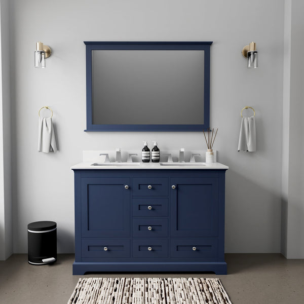 English Elm Navy Double Bath Vanity 48" W x 22" D with White Quartz Top, Soft-Close Storage & 46" Mirror B2731S00645