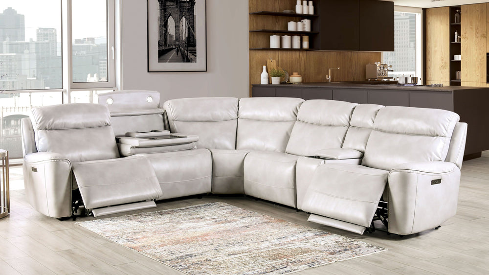 English Elm Power Reclining L-shaped Sectional with Wireless Charging Console and Zero Gravity Leatherette Taupe B2741S00786