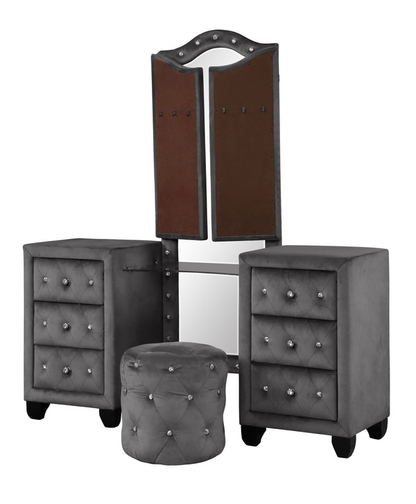 English Elm Encore 4Pc Contemporary Gray Tufted Vanity Bedroom Set With Queen Bed, Dresser, Mirror & Nightstand B009S01728