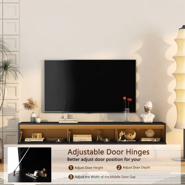 English Elm Floating Wall TV Stand with LED Touch Light, High-Gloss Black Cabinet, 3 Plugs 2 USB Ports, Cord Management W1321P176417