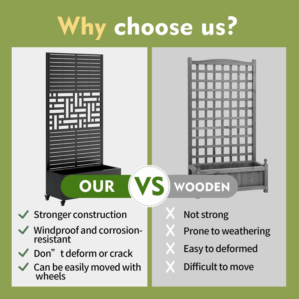 English Elm Metal Planter Box With Trellis & Privacy Screen – Versatile Raised Garden Bed On Wheels For Climbing Plants W347P399106