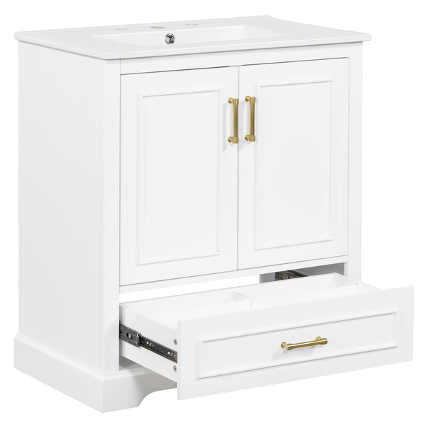English Elm 30" Modern Bathroom Vanity with Ceramic Sink, Soft-Close Doors, Divided Drawer & Dual Door Shelves White N729P321376K