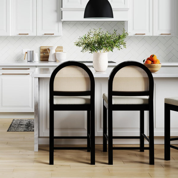 English Elm Upholstered Counter Stools Set of Two with Woven Rattan Back for Kitchen Island Black B011P474547
