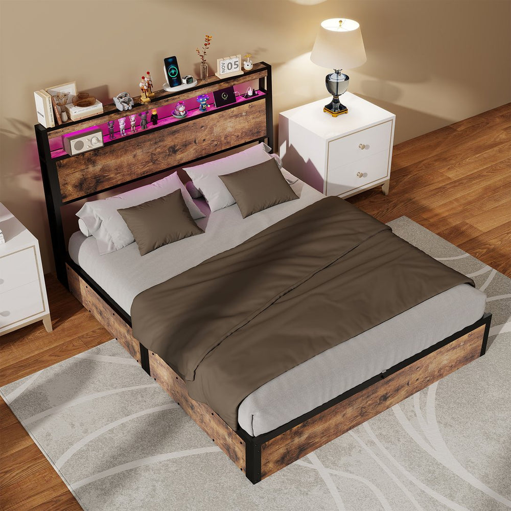 English Elm Full Size Industrial Metal Storage Bed with Hydraulic Lift Rgb Lighting and Usb Charging T3963P437369