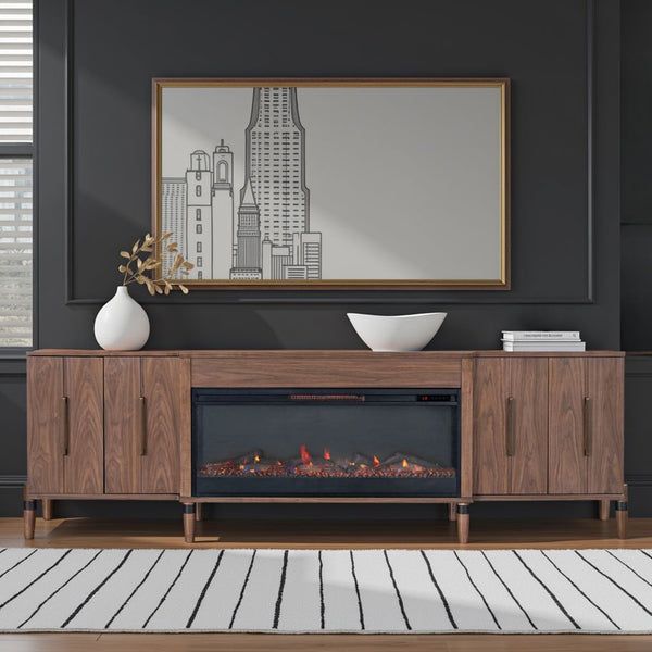 English Elm Tranquility Walnut Entertainment Console with Built-in Electric Fireplace for Large Tvs B108P411439