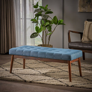English Elm Mid-century Button Tufted Ottoman with Walnut Tapered Legs for Living Room Bedroom Blue N778P440482B