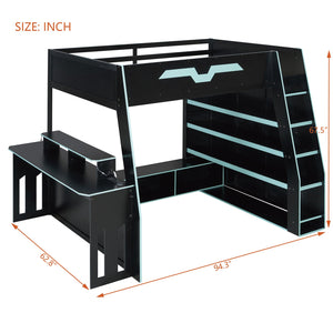 English Elm Full Size Wood Loft Bed with Rgb Lighting Desk and Multi-tier Shelves for Gaming Blue LT000374AAC