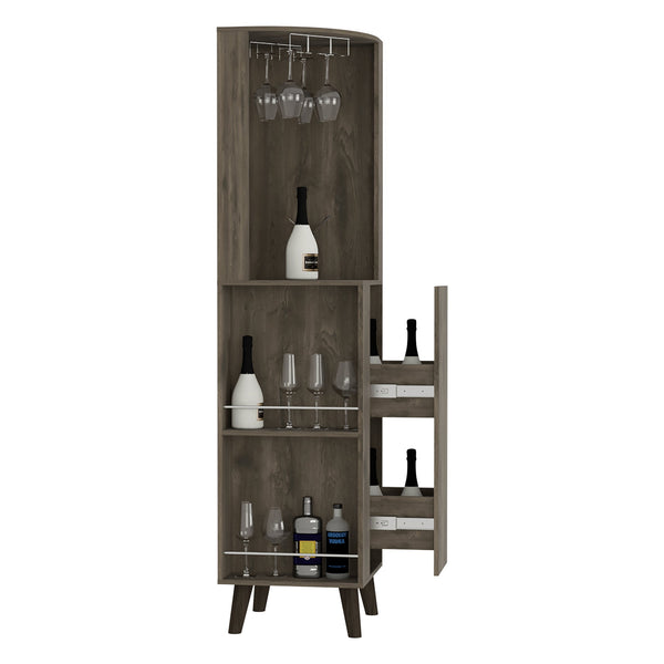 English Elm Cincinatti Corner Bar Cabinet Dark Brown with Stemware Rack, 2 Railed Shelves, 2-Tier Drawer, Open Prep Shelf B070S00176