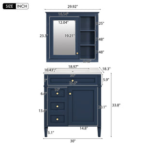 English Elm 30'' Modern Bathroom Vanity with Integrated Mirror Cabinet, Ceramic Sink, 3 Drawers & Ample Storage Blue SW000126AAC-1