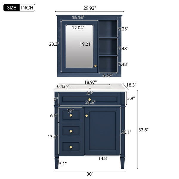 English Elm 30'' Modern Bathroom Vanity with Integrated Mirror Cabinet, Ceramic Sink, 3 Drawers & Ample Storage Blue SW000126AAC-1