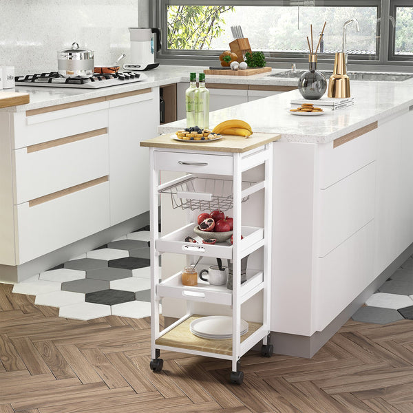 English Elm Homcom Mobile Kitchen Cart - Versatile Rolling Island With Storage, Solid Wood Frame & Wire Baskets W2225P200686