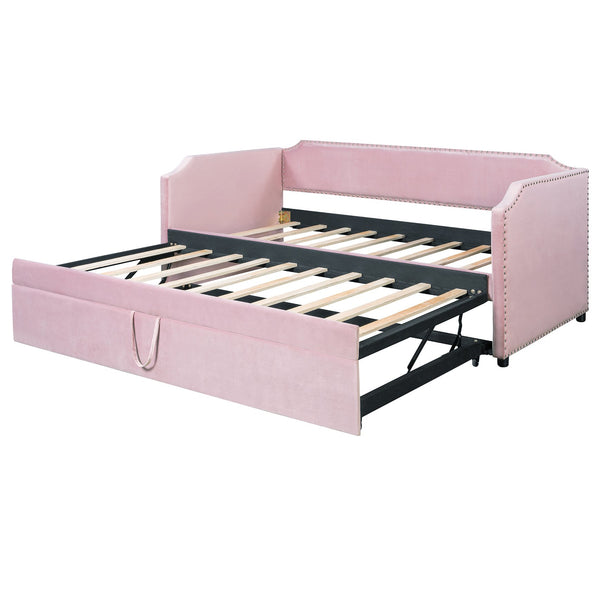 English Elm Twin Velvet Upholstered Daybed with Pop up Trundle for Guest or Kids Rooms Pink SF000197AAH