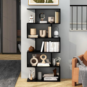 English Elm Five tier minimalist white bookshelf with five shelves for modern storage, durable engineered wood design Black W2139P288171