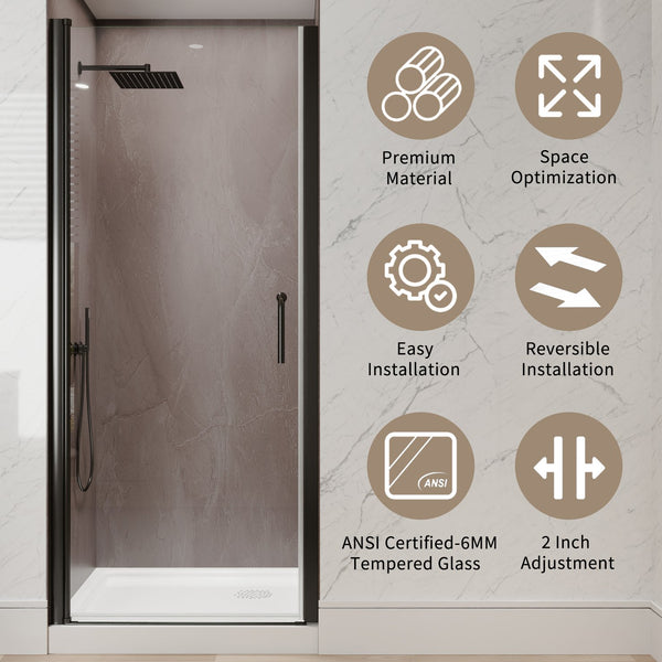 English Elm 32-34 in Frameless Pivot Shower Door Clear Tempered Glass with Matte Black Hardware W63777029