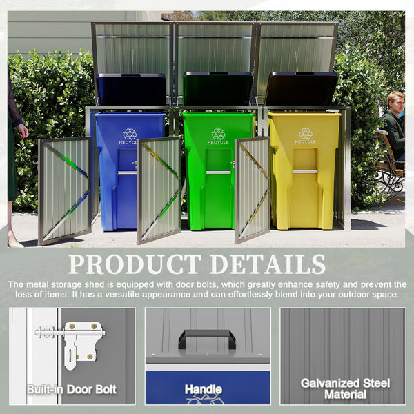 English Elm Garbage Bin Shed Galvanized Steel Enclosure Fits Three Cans with Lockable Waterproof Lid Light Gray W1598P357717