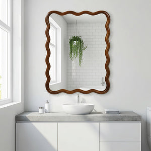 English Elm Black Walnut Solid Wood Wavy Round Mirror Sculptural Bohemian Wall Accent 30 Inch W2203P455235