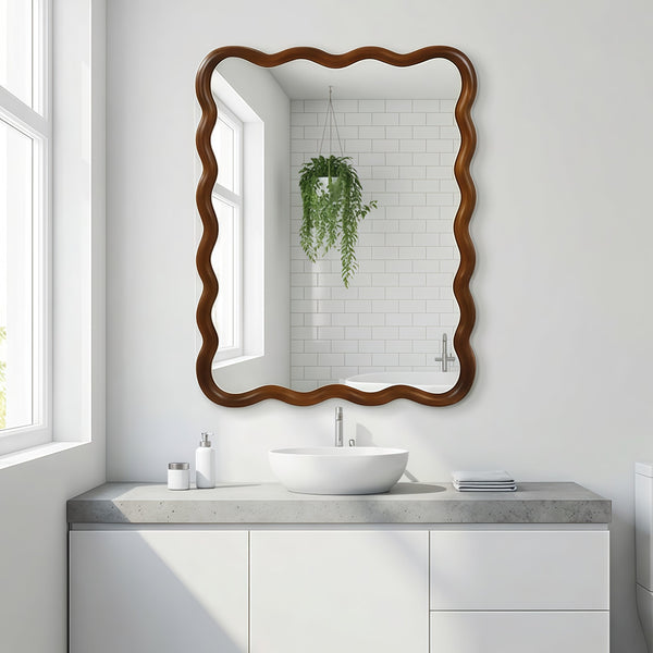 English Elm Black Walnut Solid Wood Wavy Round Mirror Sculptural Bohemian Wall Accent 30 Inch W2203P455235