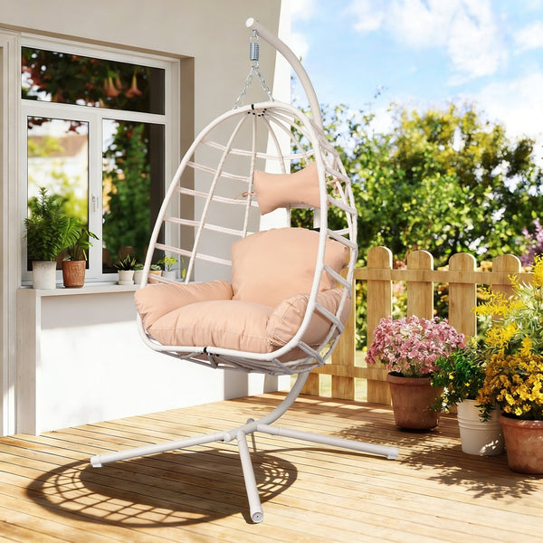 English Elm Egg Hanging Chair with Stand Pe Rattan Swing Seat Washable Cushion Patio Bedroom T5880P497429